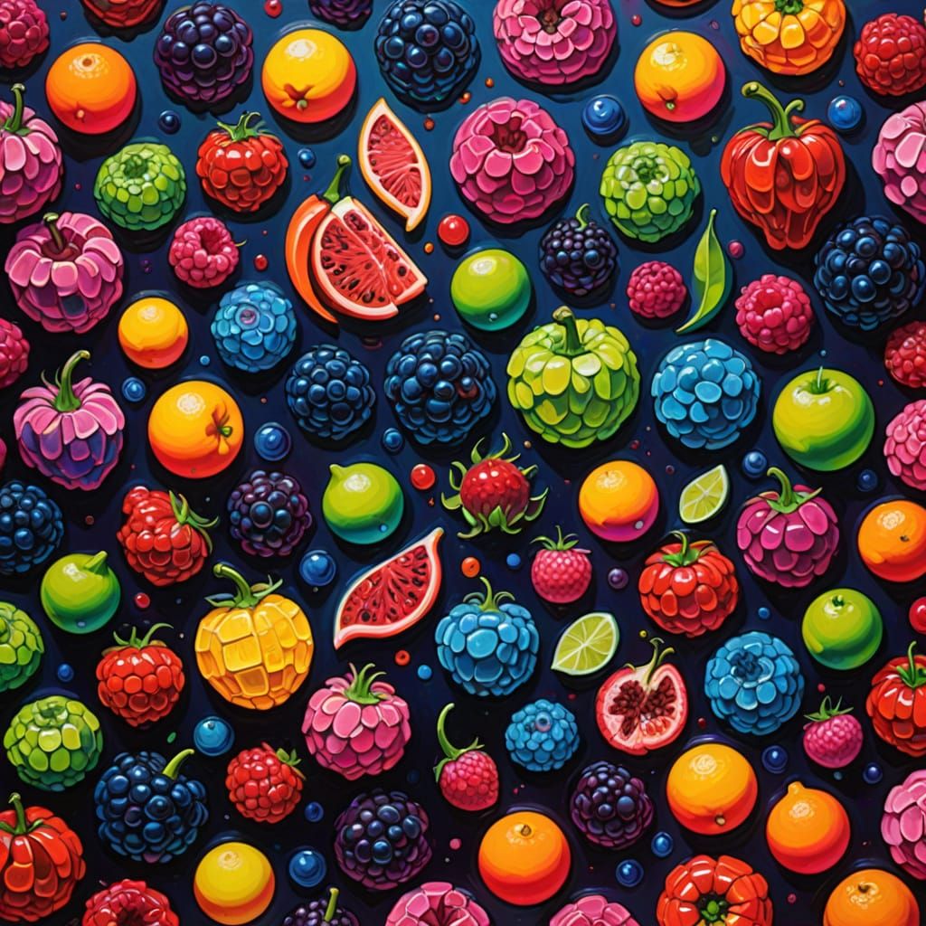 Psychedelic Neon Fruits in Geometric Style