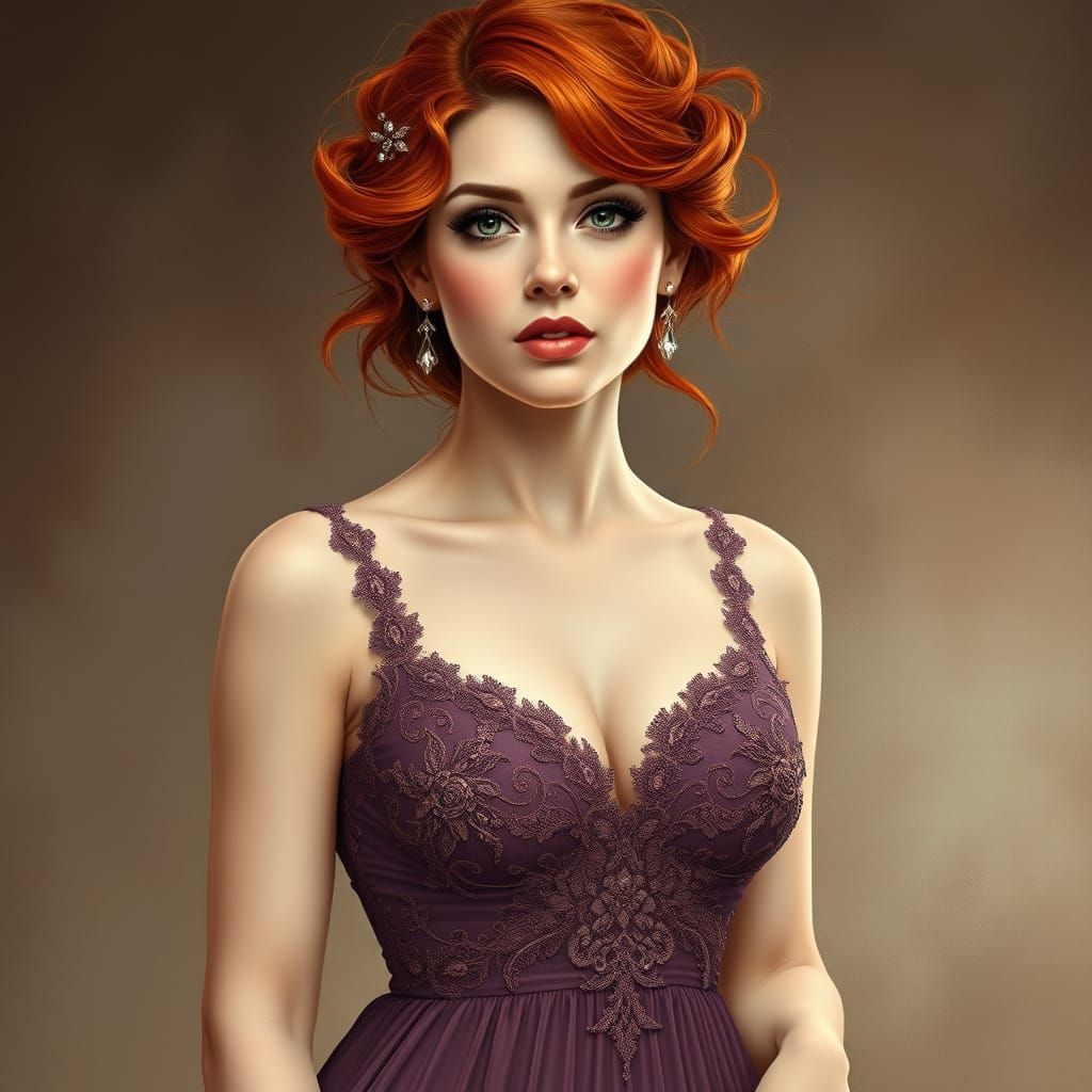 Elegant Redhead in Opulent Evening Gown