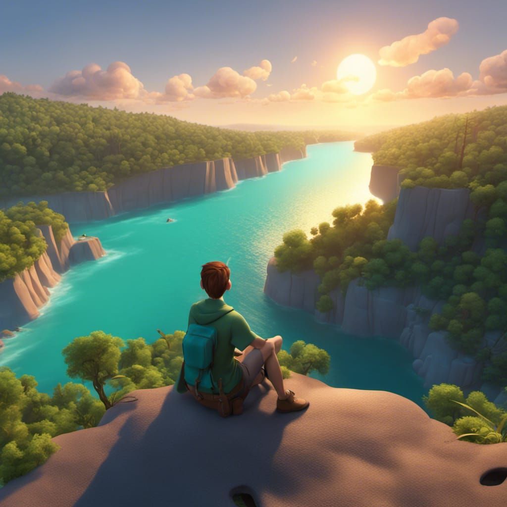 Cliffside Sunrise Scene in Pixar Style