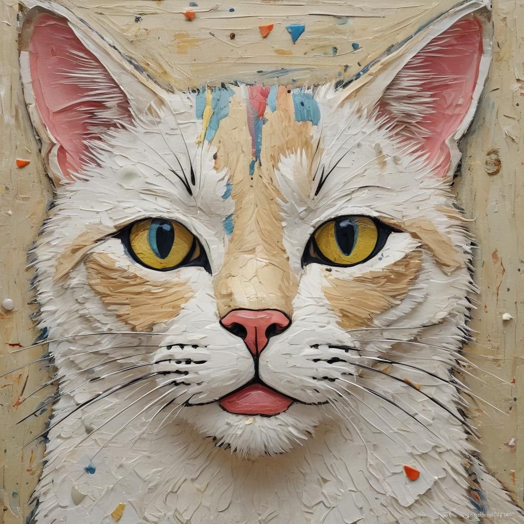 Abstract Folk Art Cat Face Impasto Painting