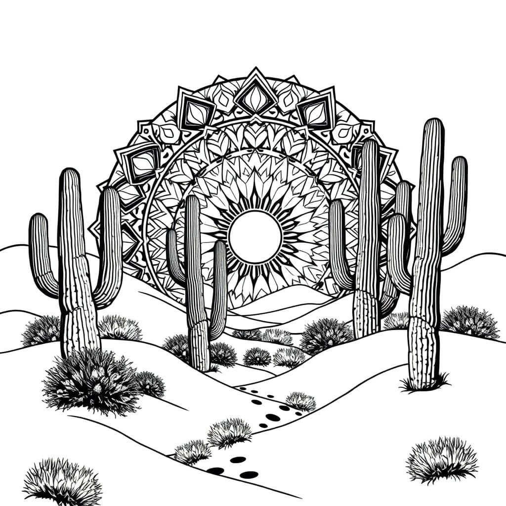 Symmetric Desert Mandala with Cacti, Sand Dunes, and Radiant...