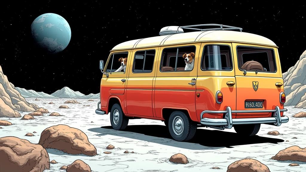 Dog on the Moon in Retro-Futuristic Space Bus