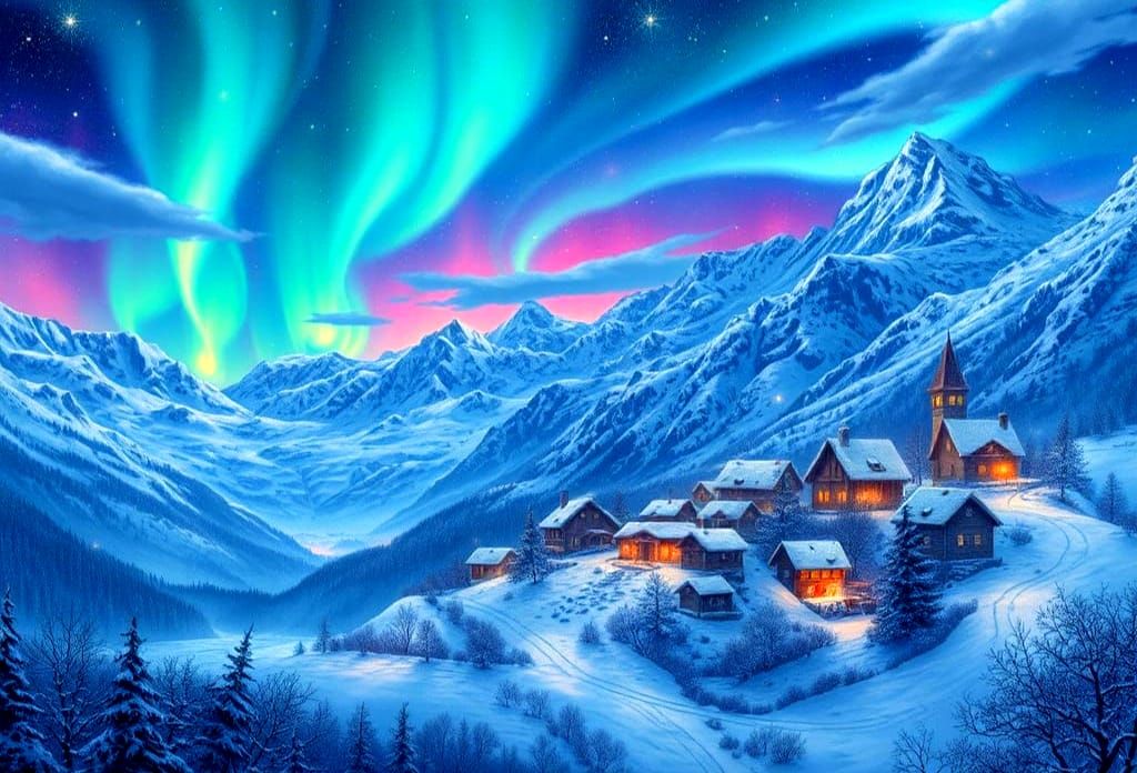 Ethereal Winter Village Under Northern Lights