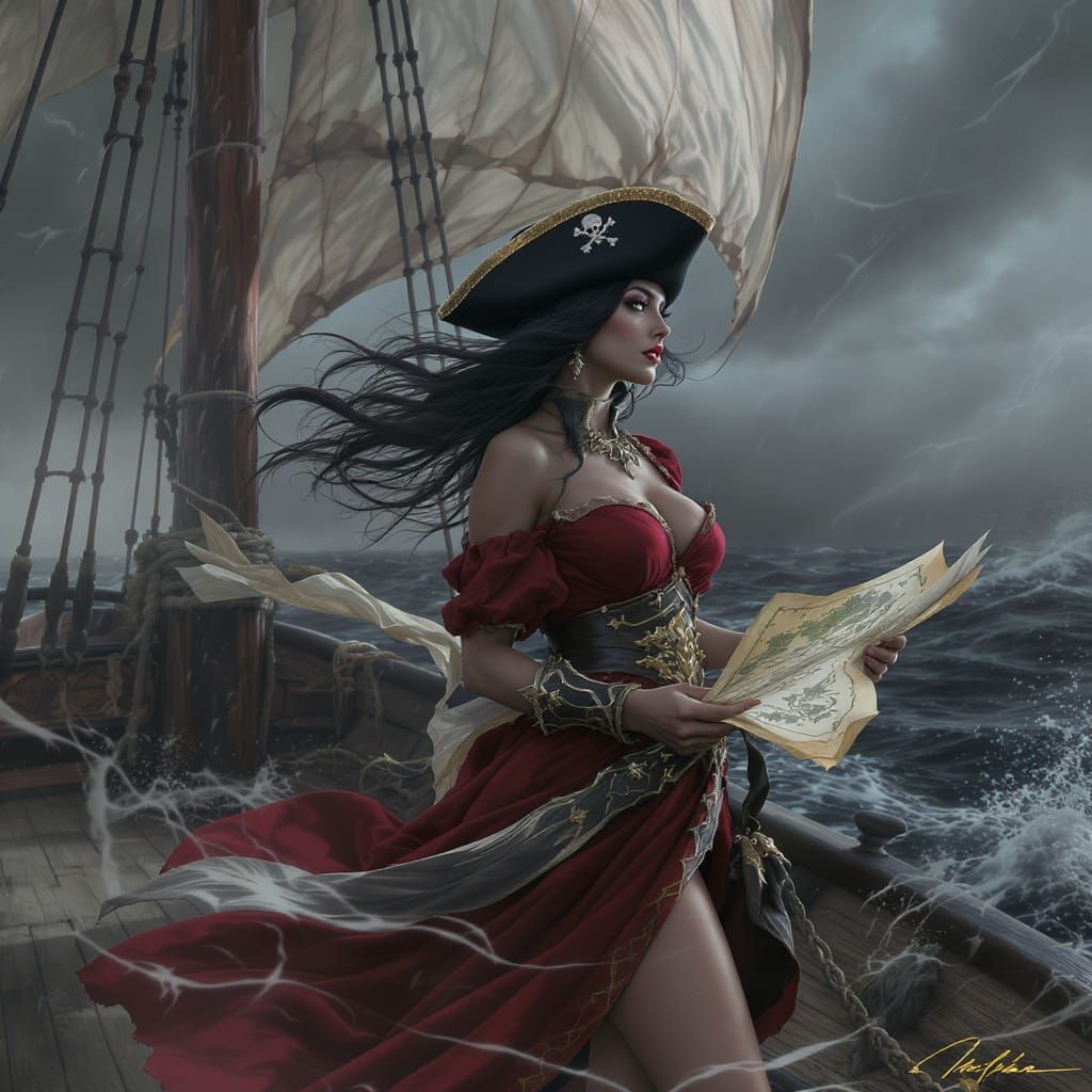 Pirate Captain Surveys Treasure Map on Stormy Seas