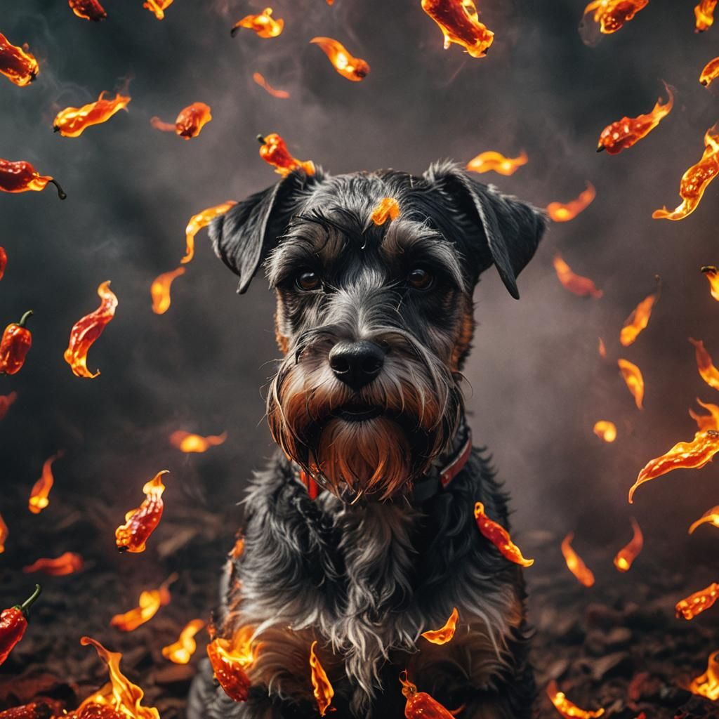 Schnauzer Surrounded by Hot Sauce and Fire