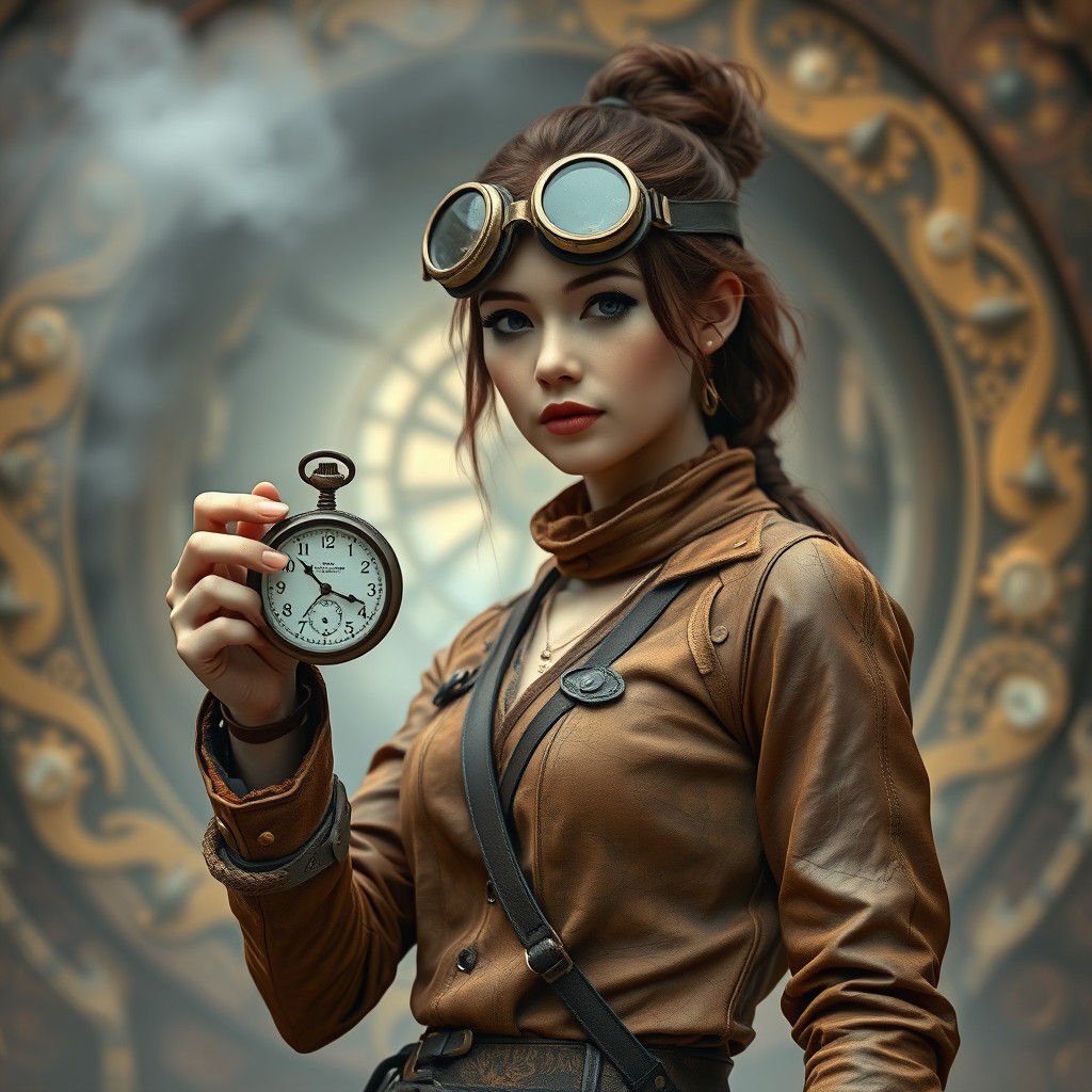 Steampunk Time Traveler Near Misty Portal