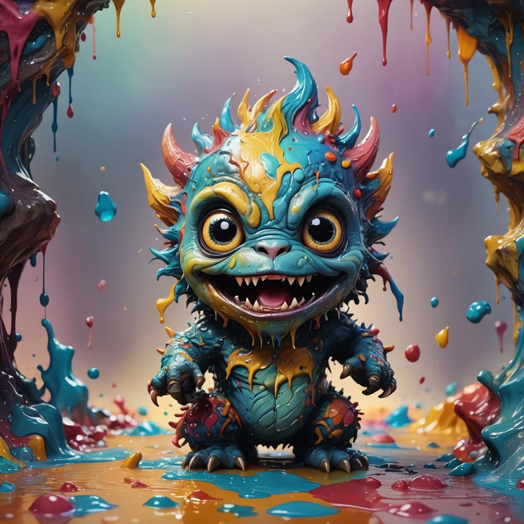 Adorable Little Monster: Hyperrealistic Splash Art