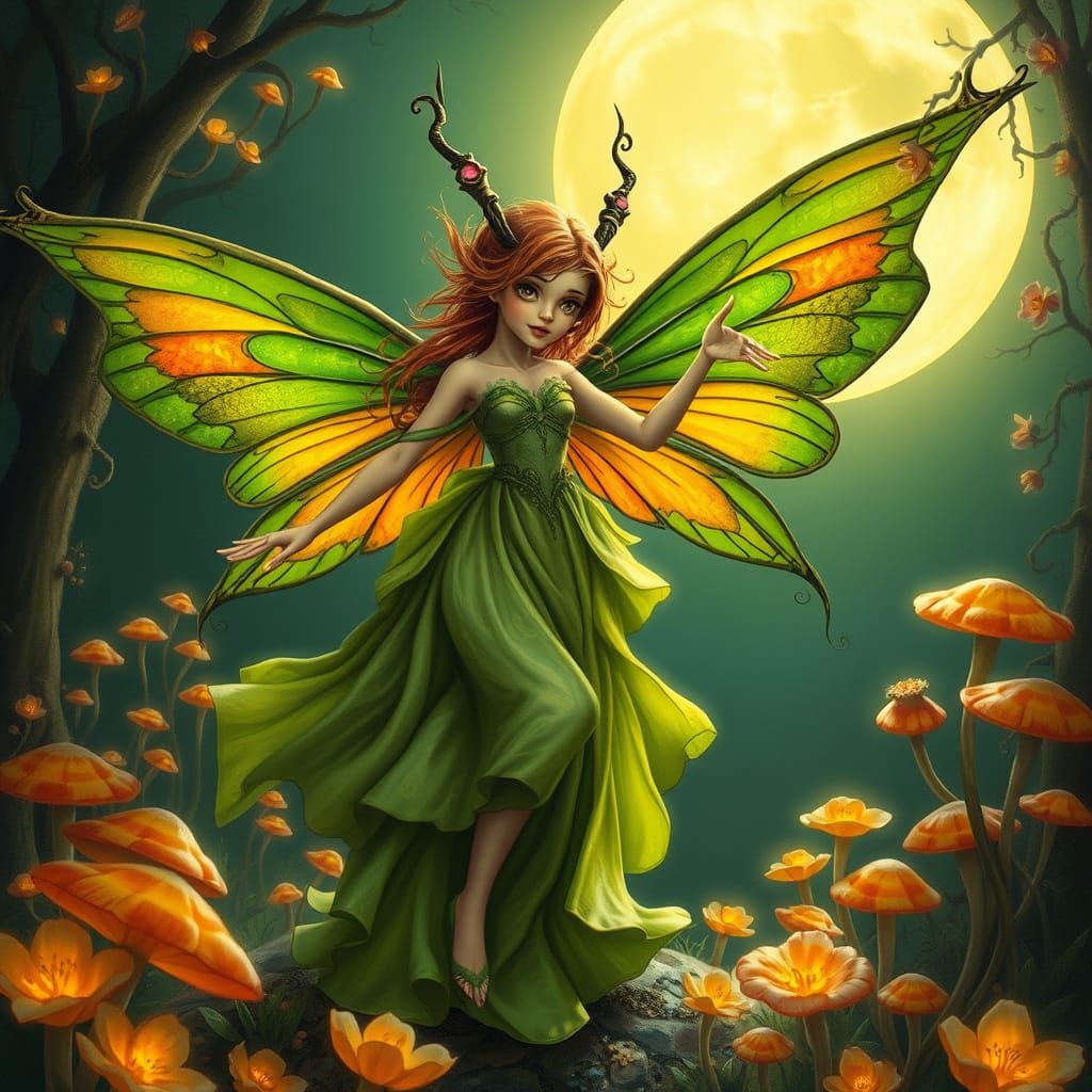 Mischievous Fairy Dancing in Moonlit Forest