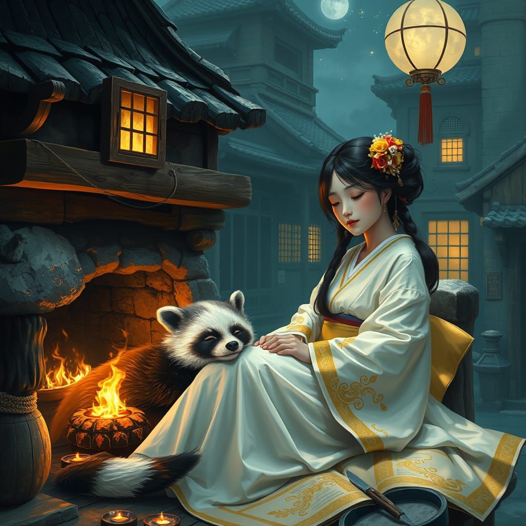 Japanese Princess and Tanuki Slumber by Fireplace in Quaint ...