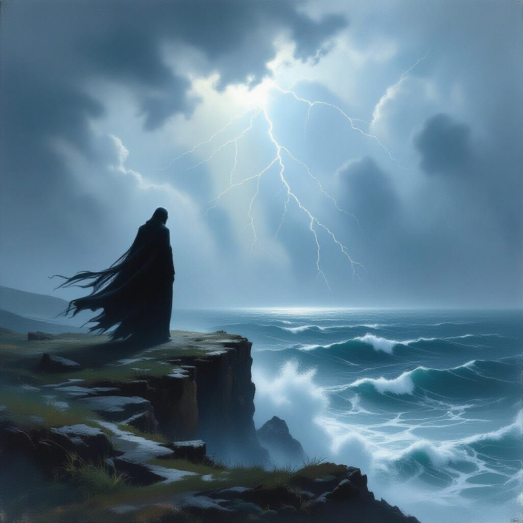 Spectral Figure on Stormy Cliff Overlooking Sea