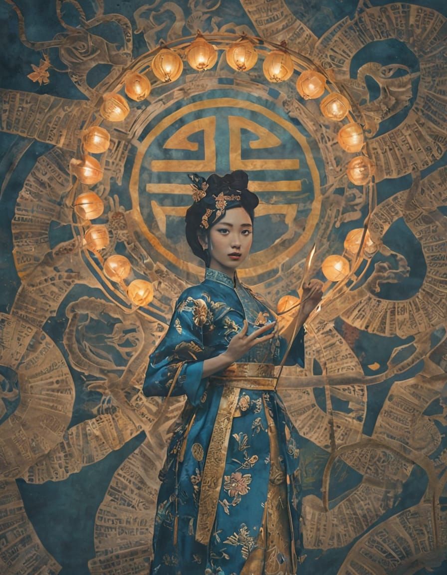 Asian Goddess in Traditional Vietnamese Attire Radiates Gold...