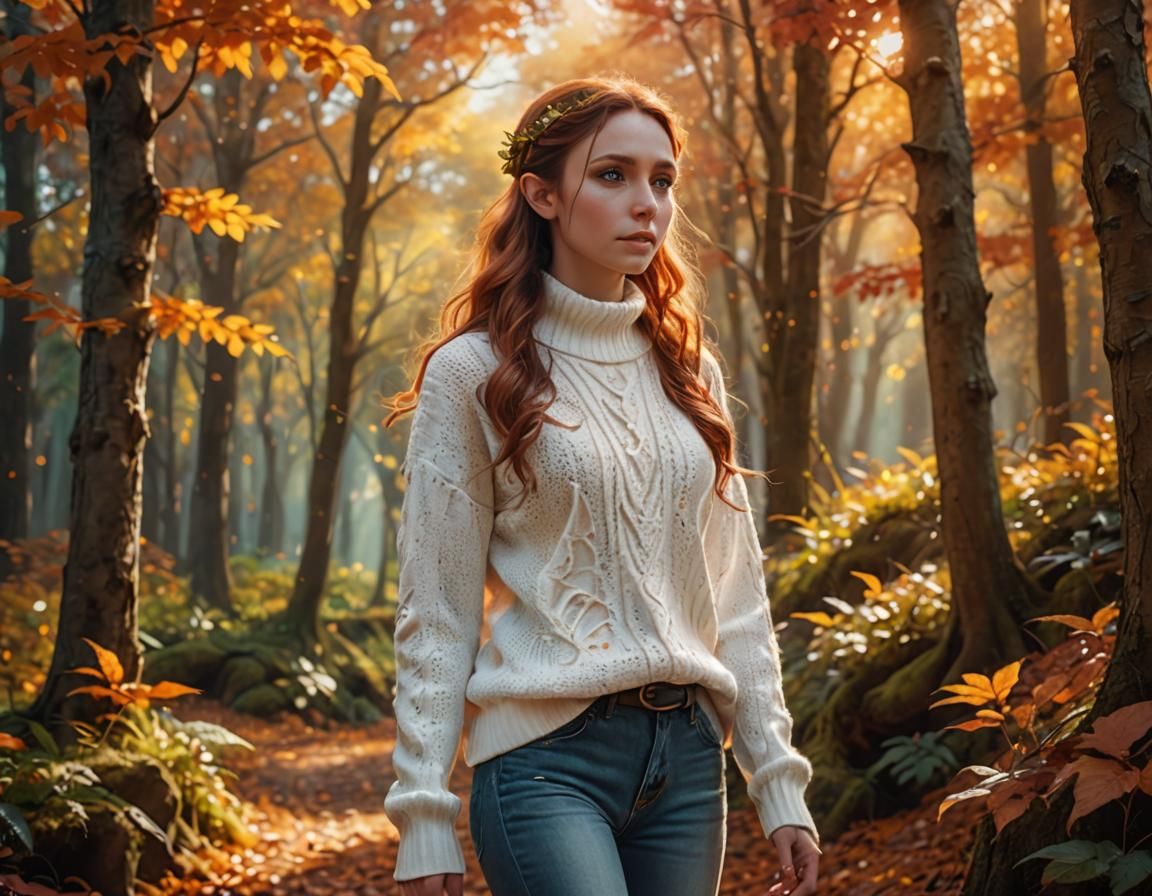 Elf Woman in Autumn Forest, Digital Matte Painting
