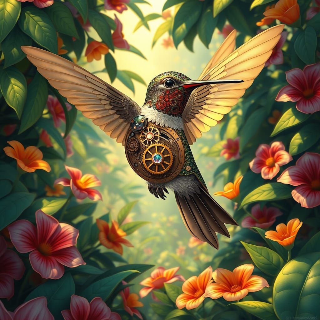 Clockwork Hummingbird in Art Nouveau Jungle
