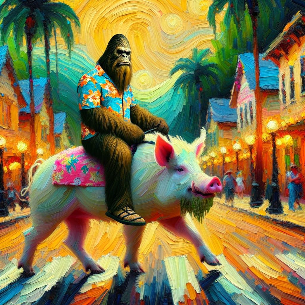 A Sasquatch in a Hawaiian Shirt Riding a Bearded Pig VI
