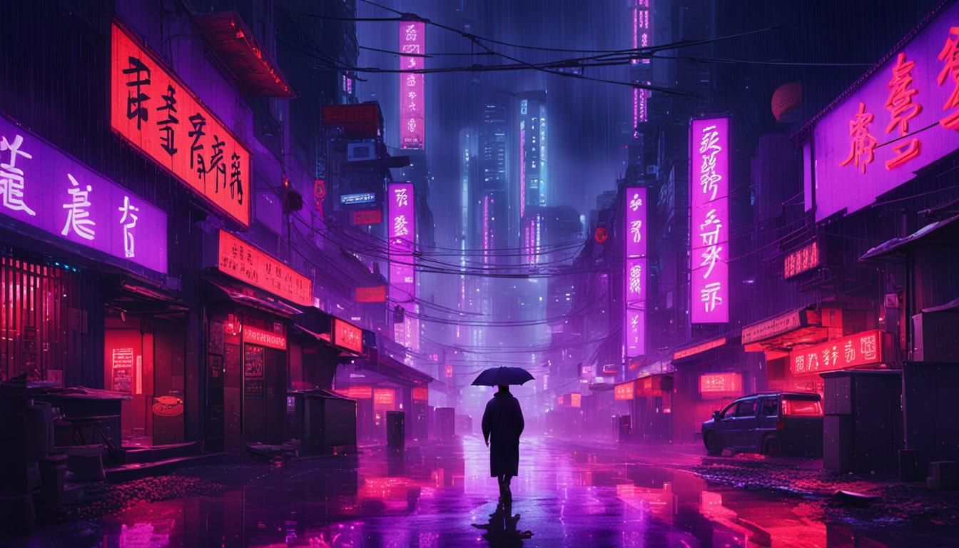 Cyberpunk Cityscape: Lone Walker in Rainy Neon Night