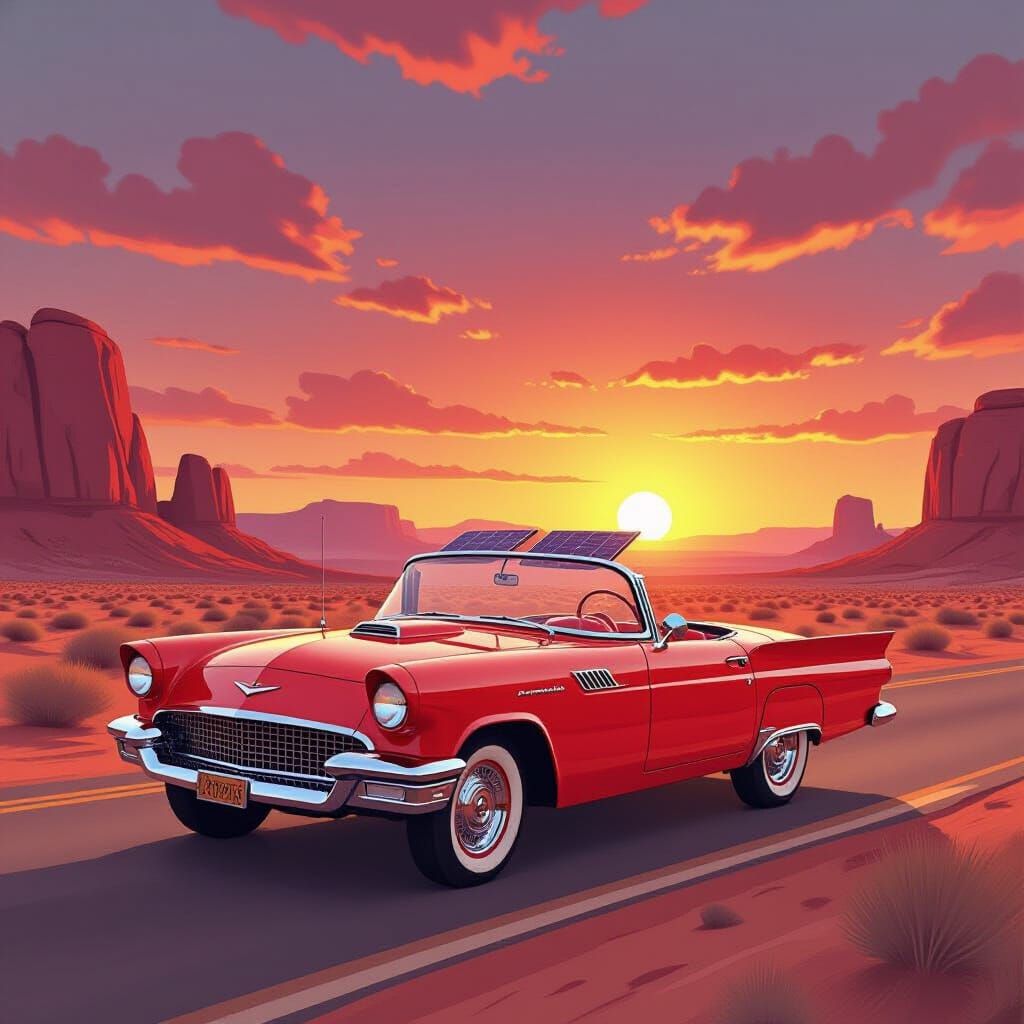 Retro-Futuristic Solar Car at Desert Sunset