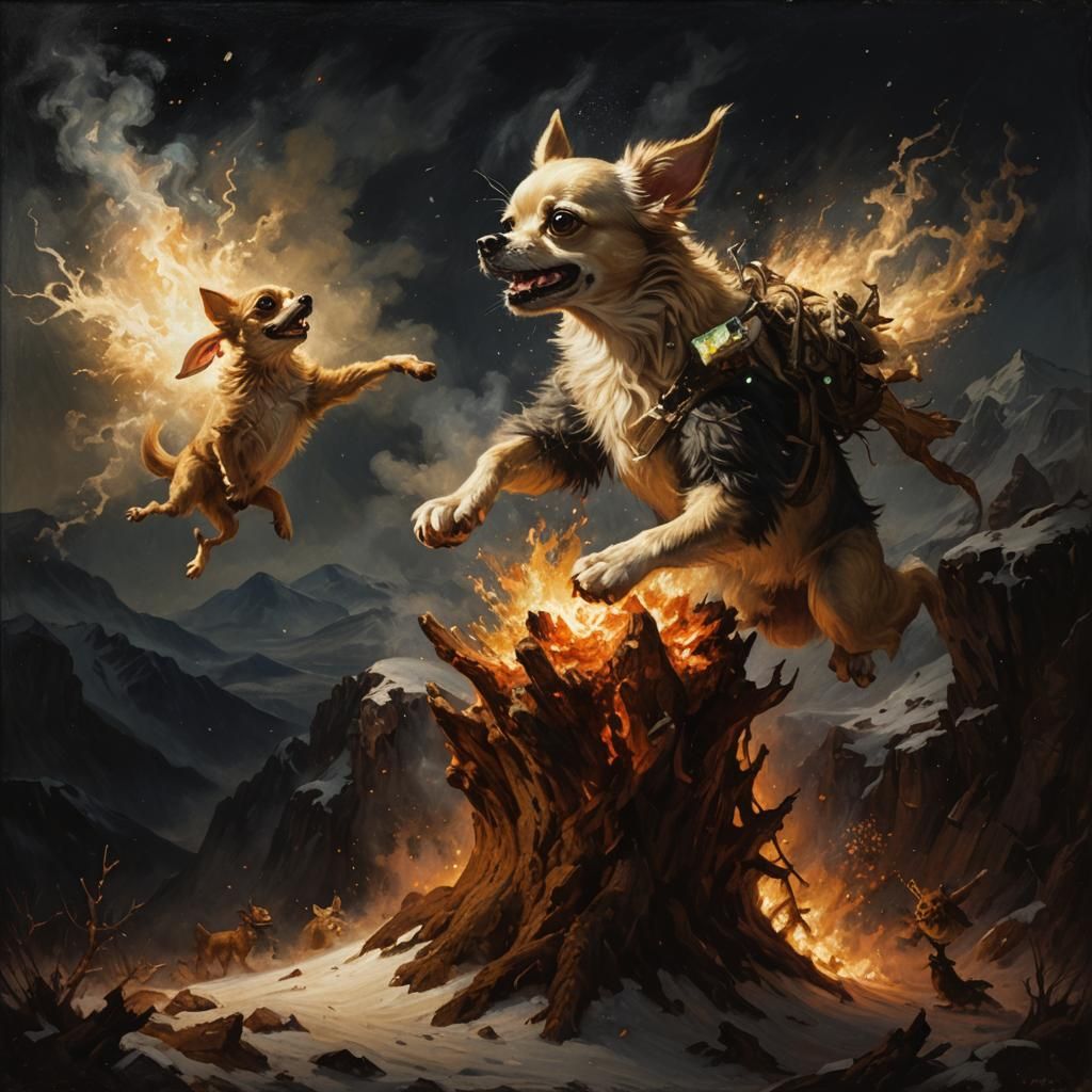 Chihuahua Battles Yeti in Epic Mountain Oil Painting