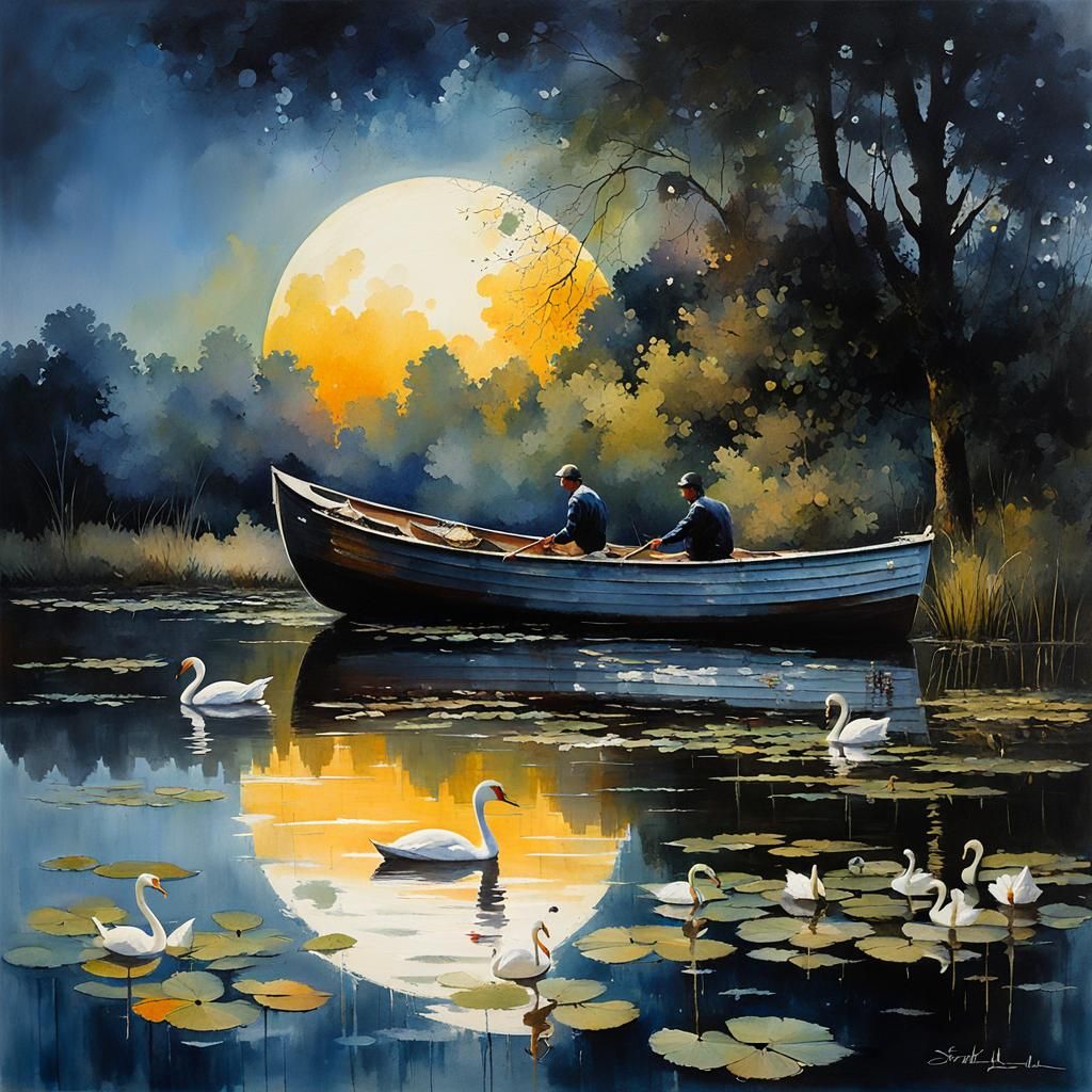 Moonlit Lake with Boat and Swans in Graffiti Art