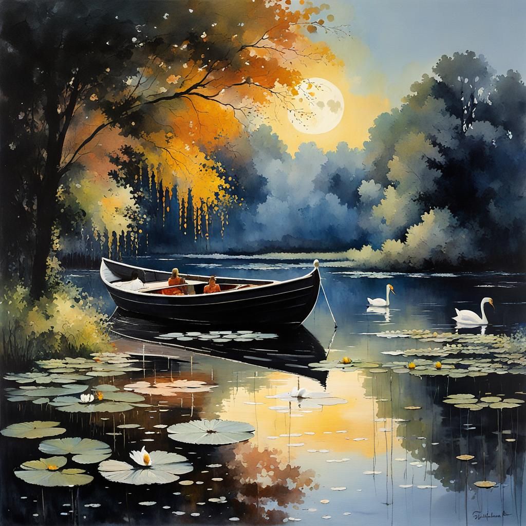 Moonlit Lake with Swans in Graffiti Art Style