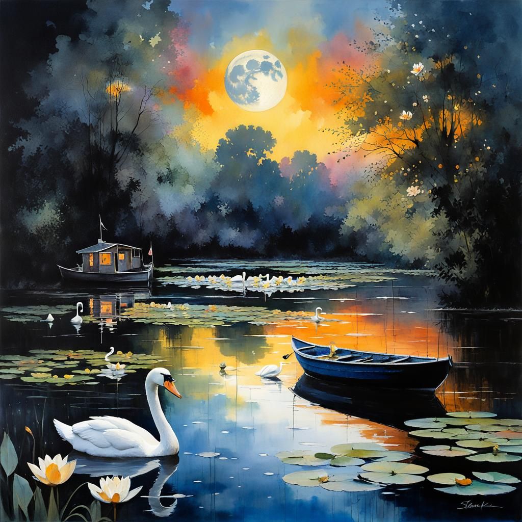 Moonlit Serenity on a Vibrant Lake with Swans and Water Lili...