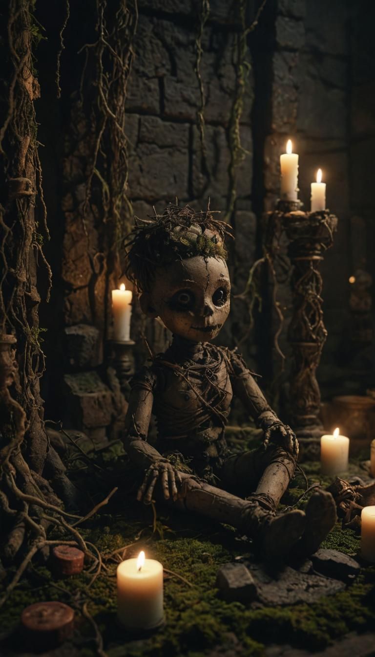 Mysterious Voodoo Doll on Ancient Altar in Dark Fantasy