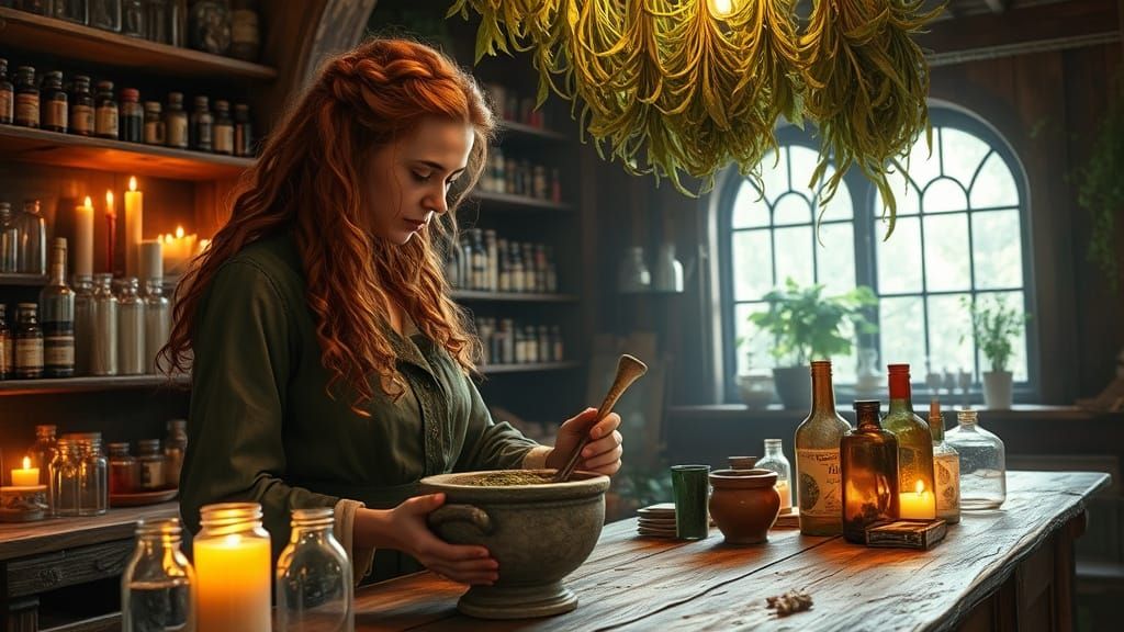 Woman in Medieval Pharmacy, Mixing Herbs by Candlelight