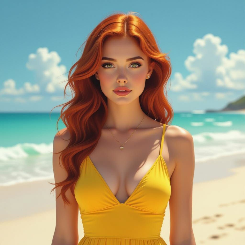 Redhead in Yellow Dress on Beach, Digital Art