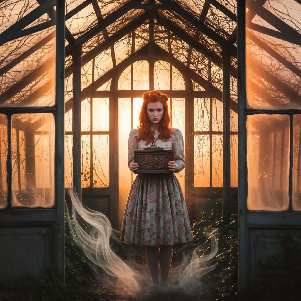 Victorian Greenhouse Horror Scene in 80s Film Style