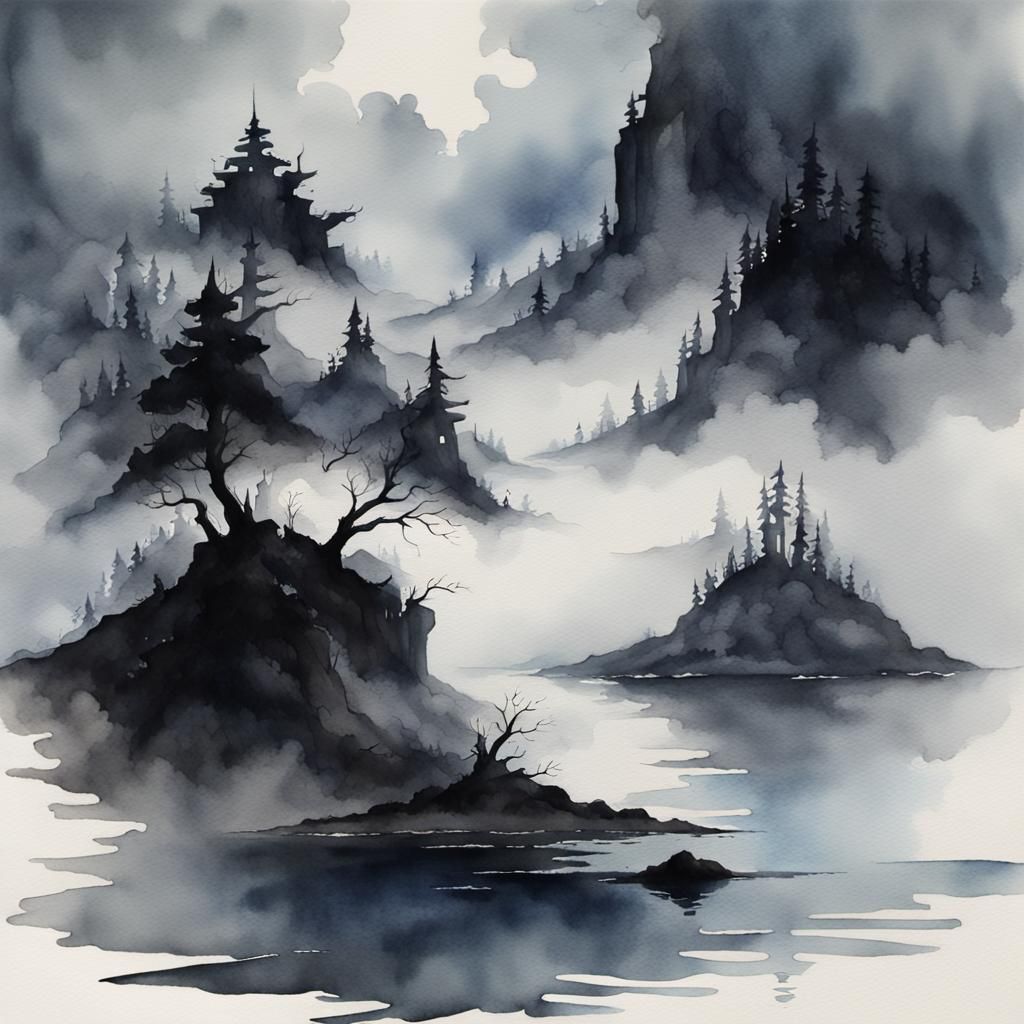 Arcane Island in Mist, Watercolor Style