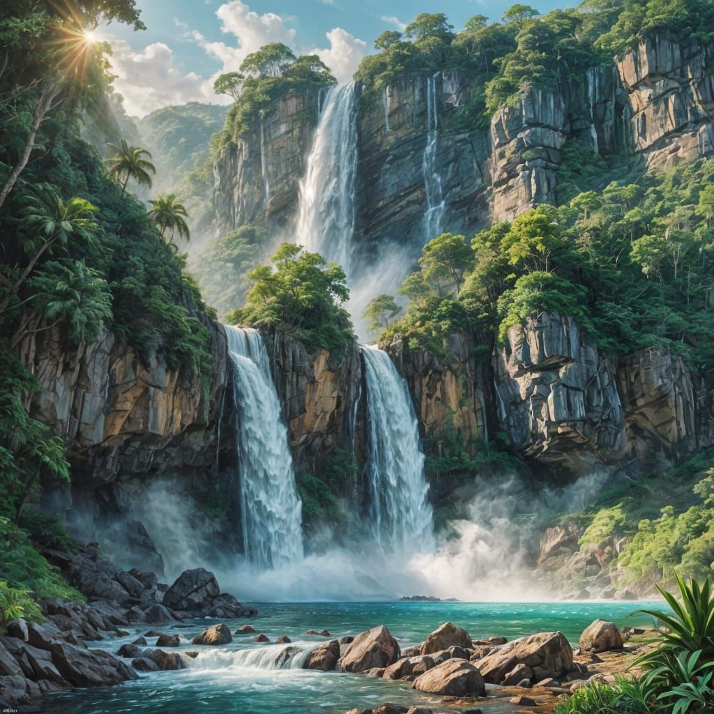 Epic Waterfall in Tropical Landscape