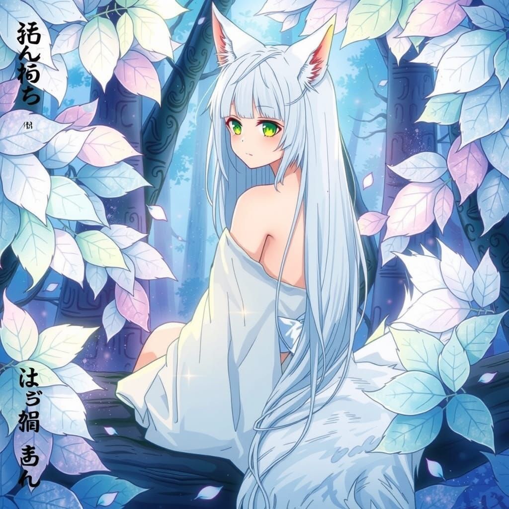 White wolf girl/kitsune woman form: • Pale skin • Green eyes • Long straight white hair  • White wolf ears • White wolf ...