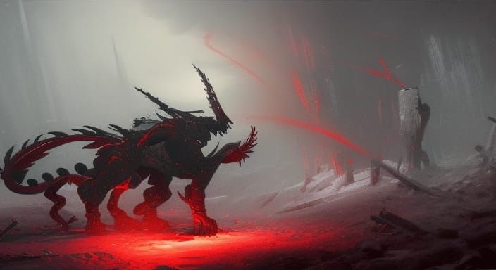 Robot Dragon in Red Snow: Dark Fantasy Concept Art