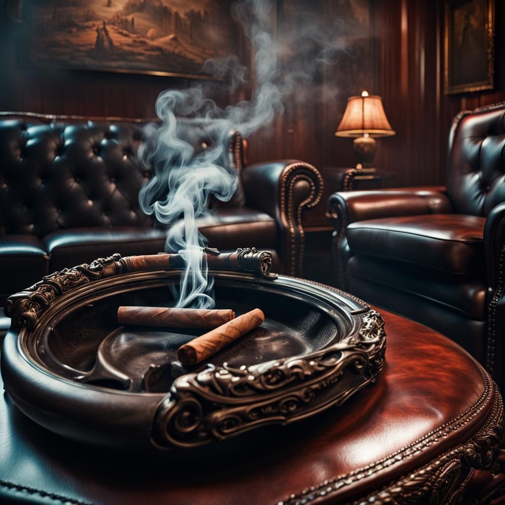 H.R. Giger style super focused and clear photograph of a smoky cigar, cigar is laying inside ashtray in front of a leath...