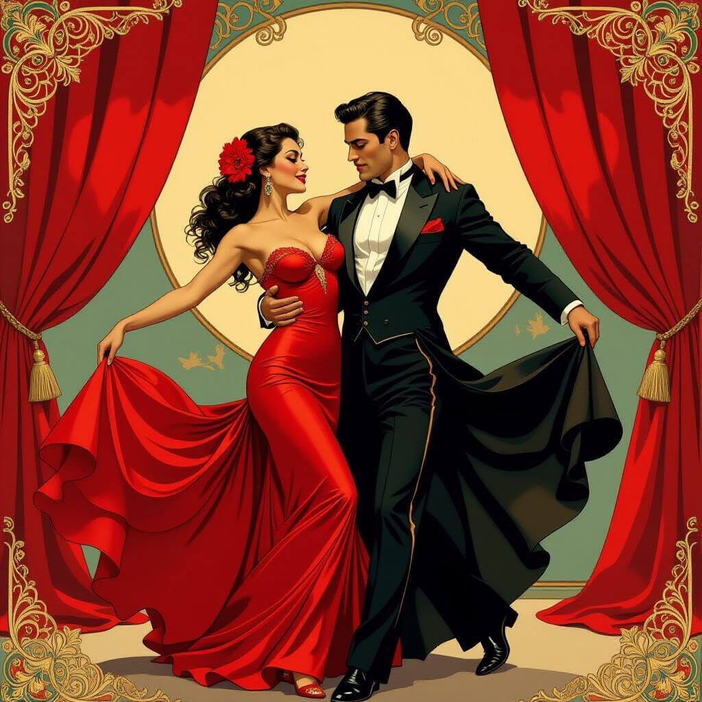 Dynamic Tango Dancers in Art Nouveau Style