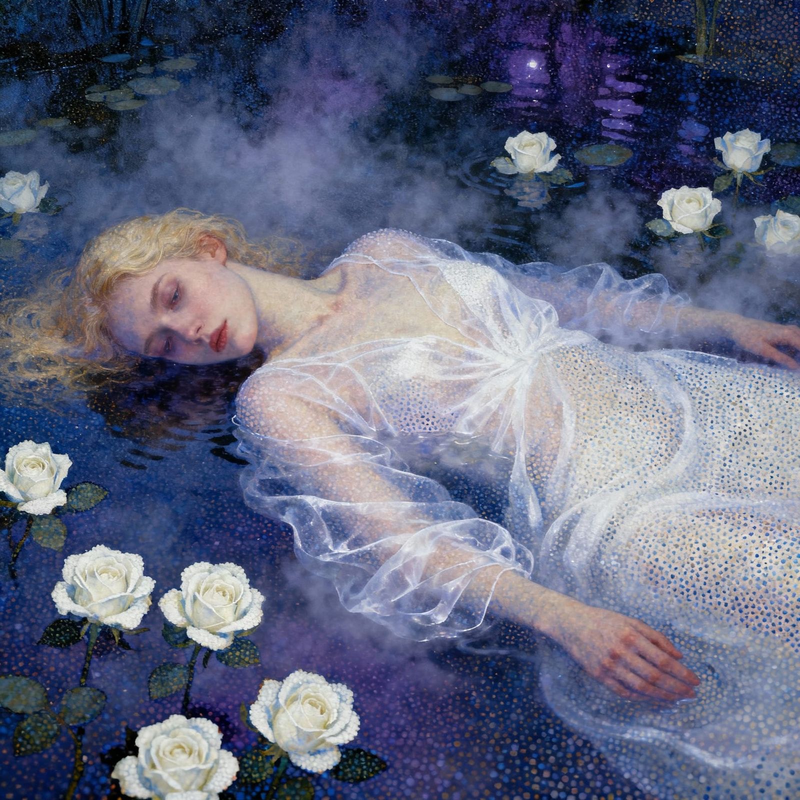 Woman in Sheer Gown on Misty Pond with White Roses