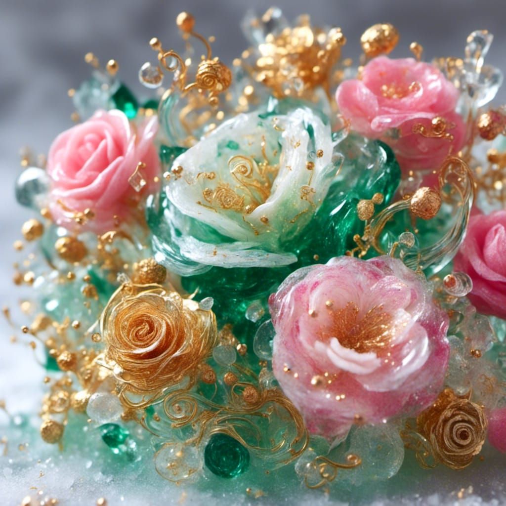 Detailed Pink and Gold Roses in Crystal Style