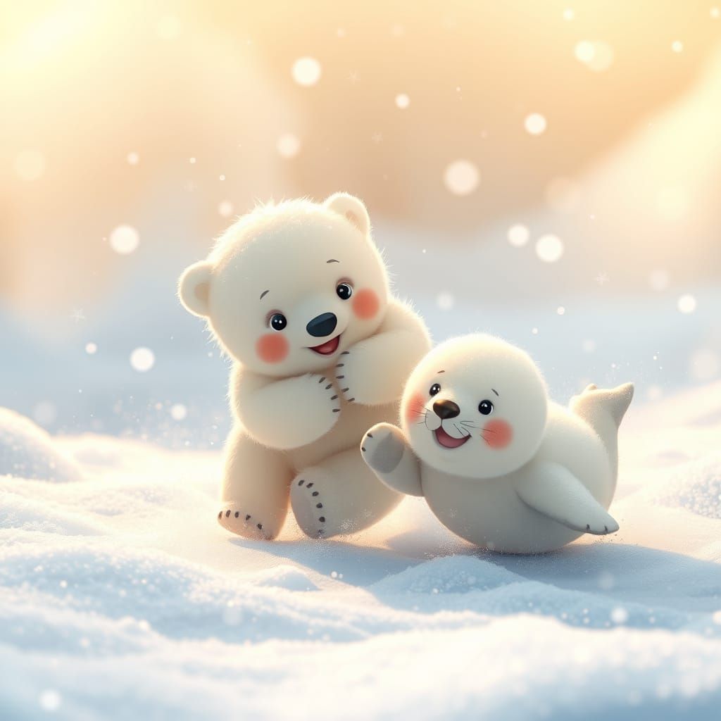 Playful Polar Bear and Seal Friends in Snowy Wonderland