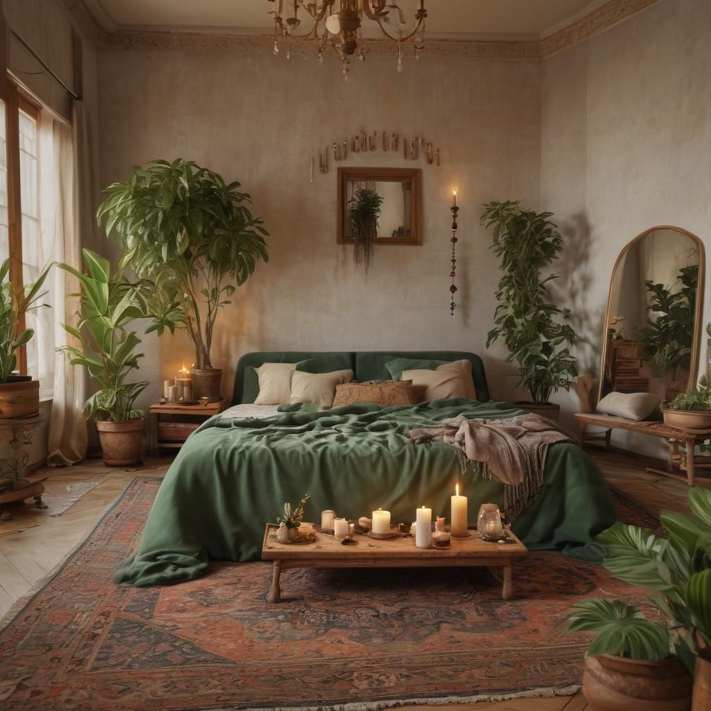 Serene Eastern Room with Minimalist Bed, Fantasy Art