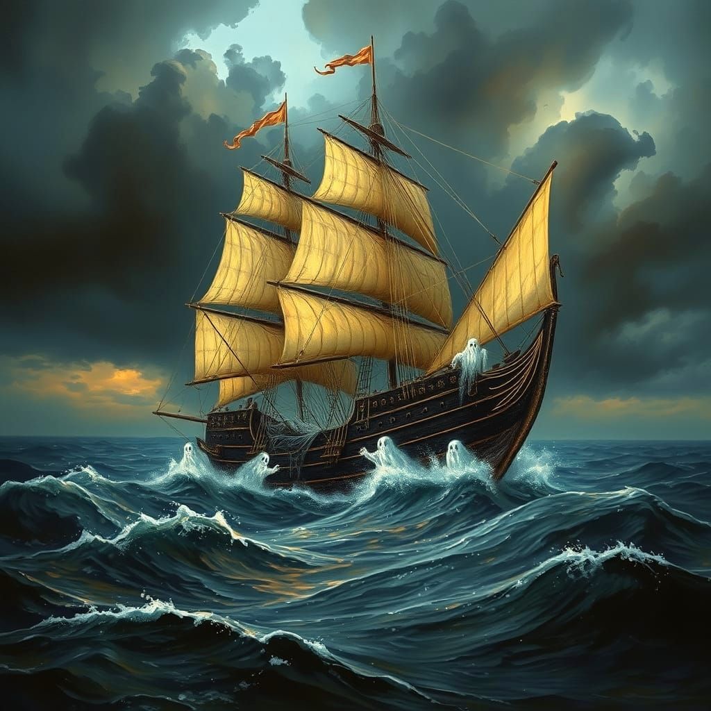 Ethereal Ghost Ship Sailing Stormy Seas