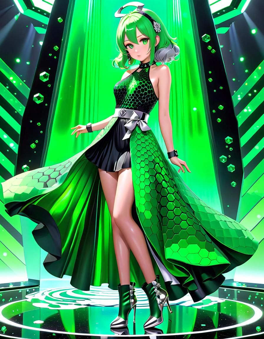 Green Honeycomb Dress in 3D Anime Style