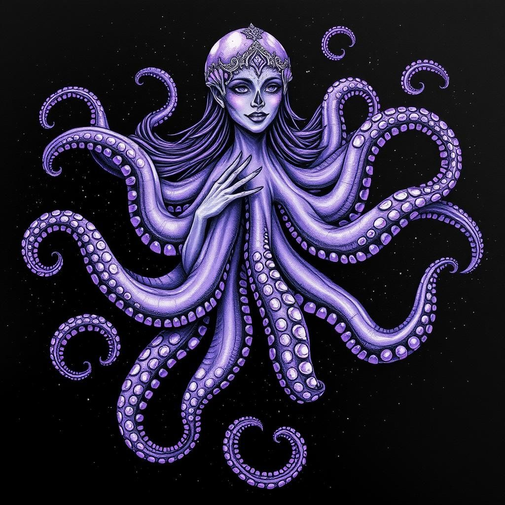 Cosmic Octopus Goddess in Dark Celestial Drawing