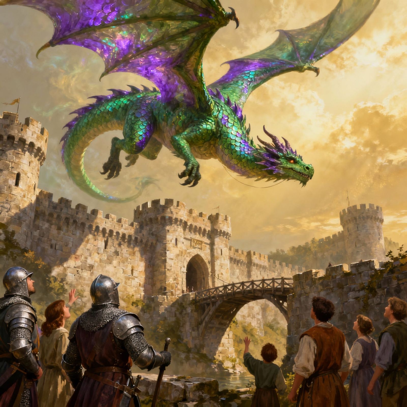 Green and Purple Dragon Over Medieval Castle