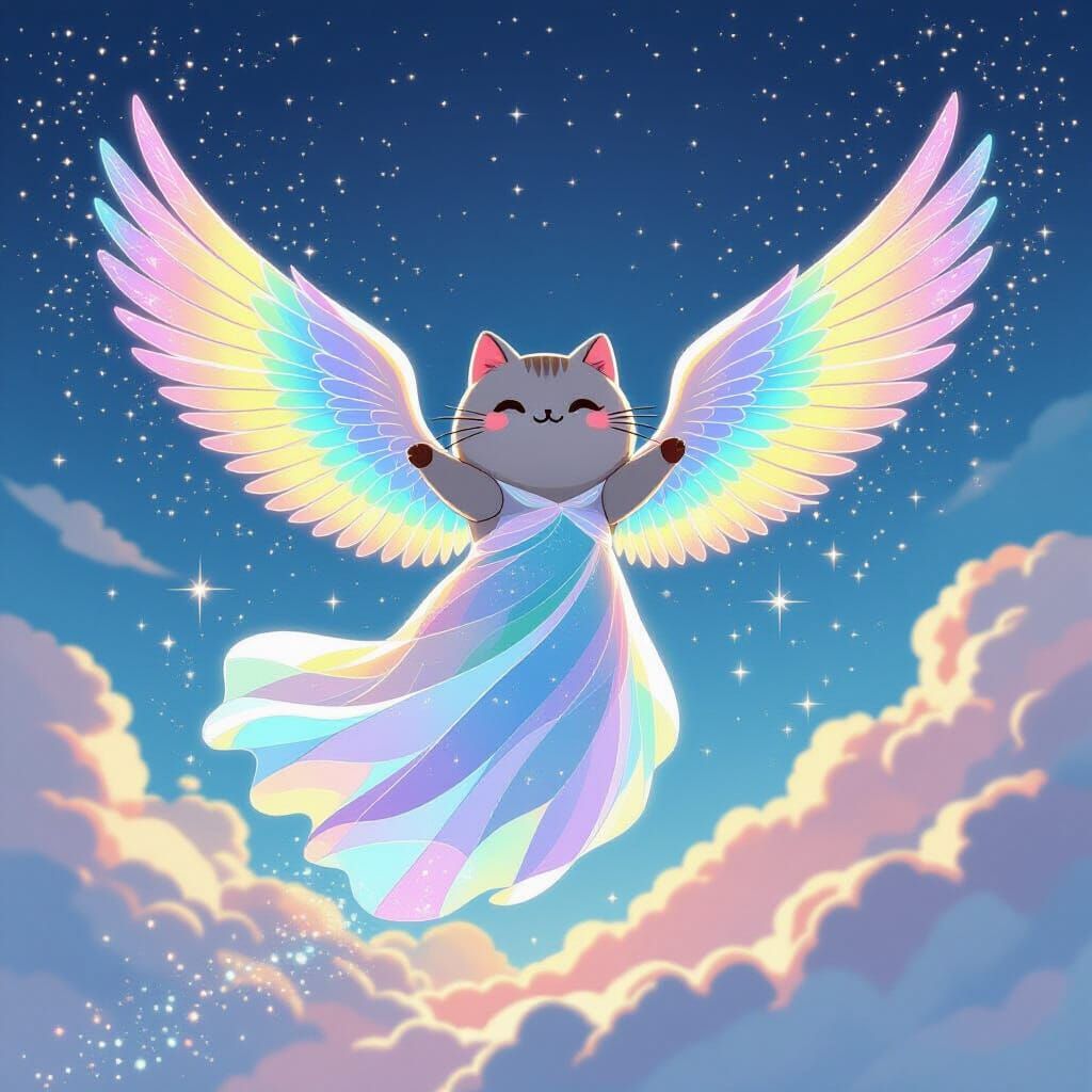 Pusheen's Night Flight with Rainbow Wings