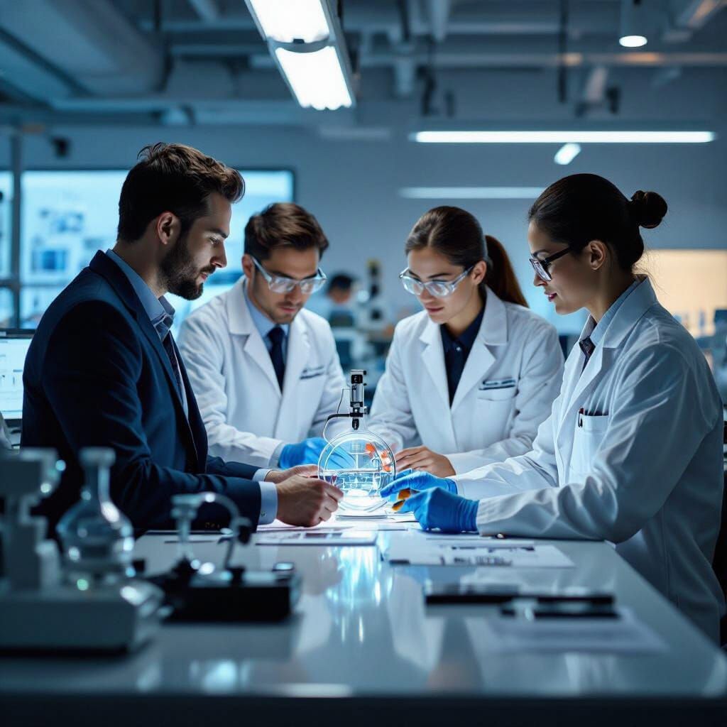 Calibration Engineers Collaborate in Modern Office, Hyperrea...