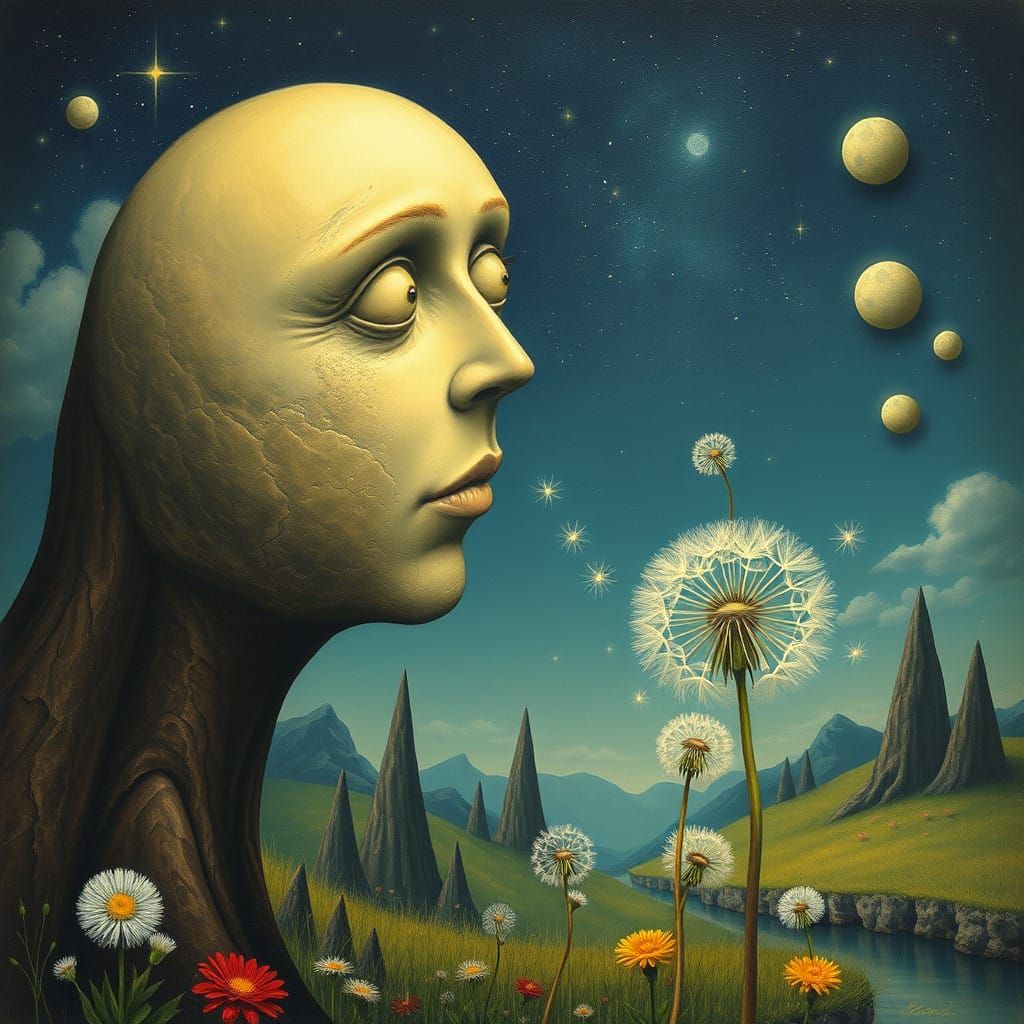 Whimsical Dreamlike Moon Goddess Blows Dandelion Seeds in a ...