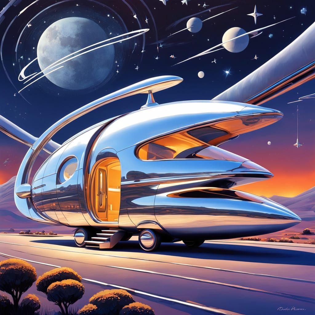 Retrofuturistic Mobile Hotel Amidst Vibrant Starry Night