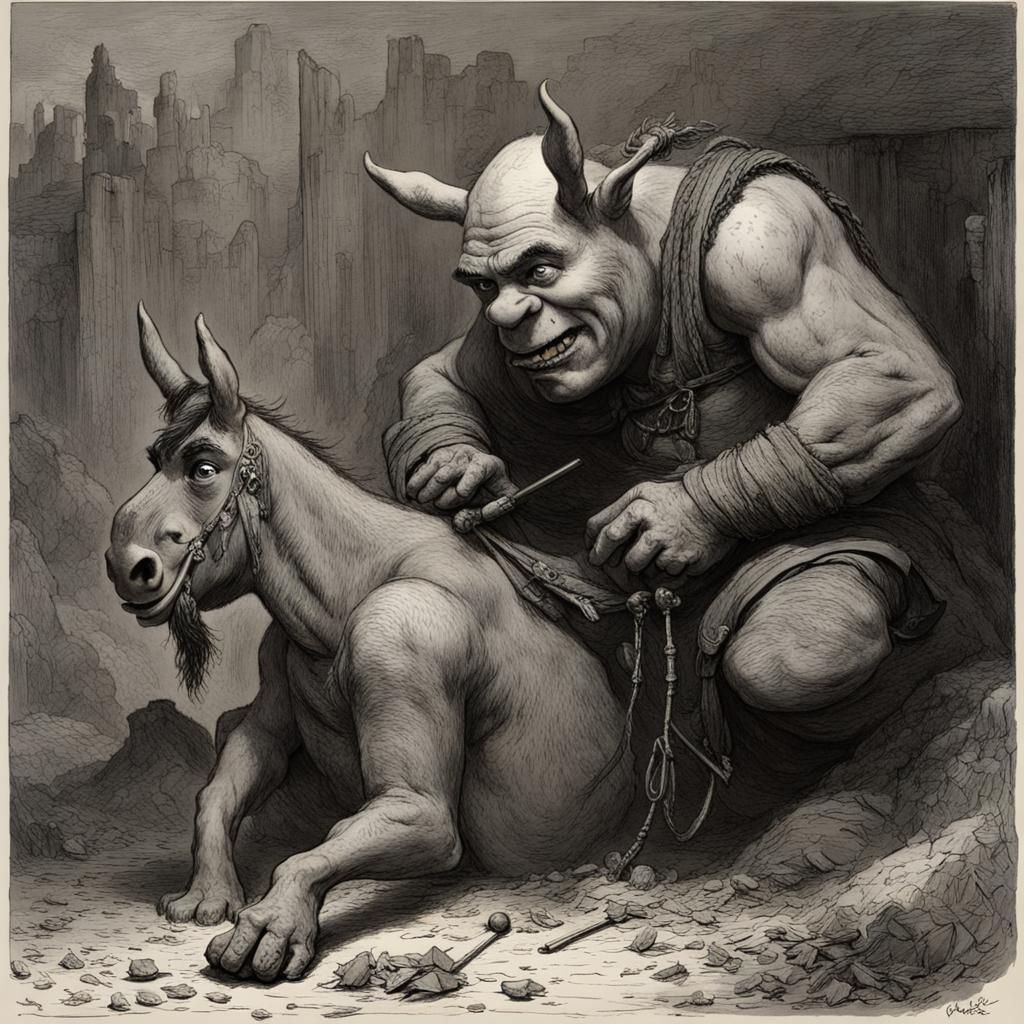 Horrific Shrek Eats Donkey in Dark Art Style