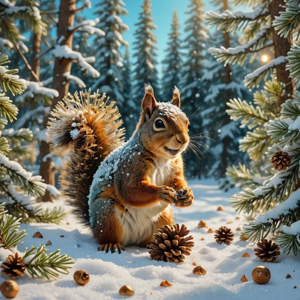 Squirrel and Golden Pinecone in Snowy Forest