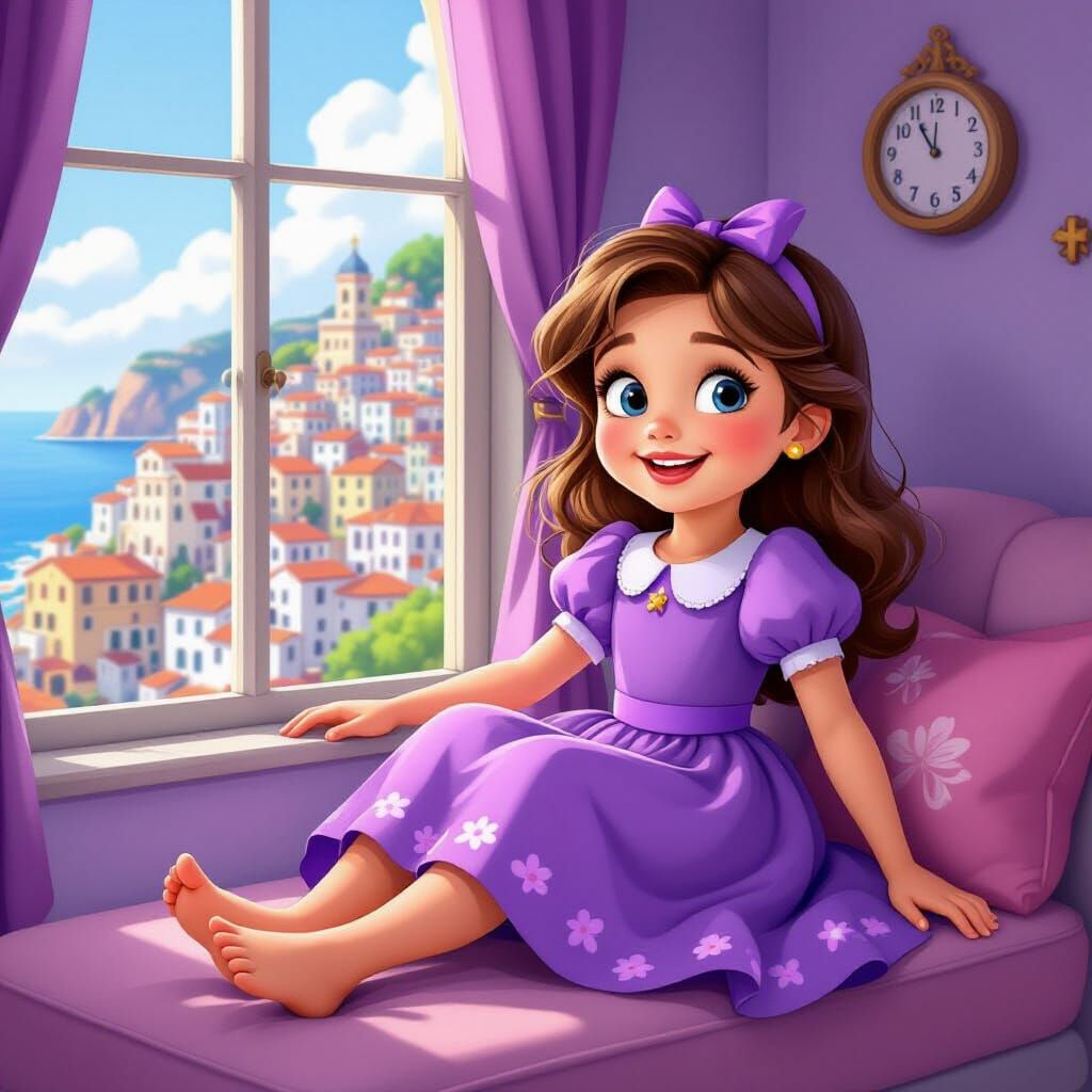 Cheerful Italian Girl in Cozy Living Room, Disney Cartoon St...