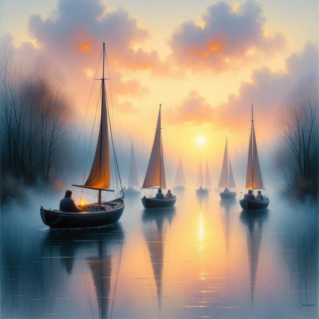 Sailboats Glide on Misty Lake at Sunset